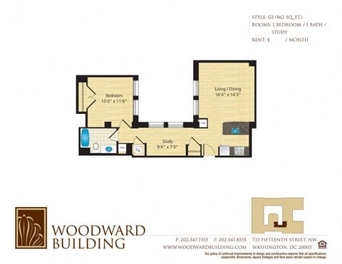 Floor plan for 1 bed, 1 bath, 862 sqft